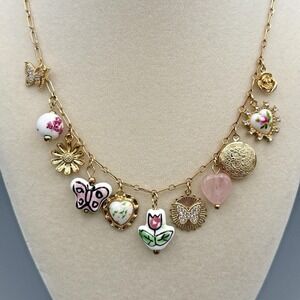 Gold Tone Charm Necklace Locket Rose Quartz Floral Heart Butterfly Cottagecore